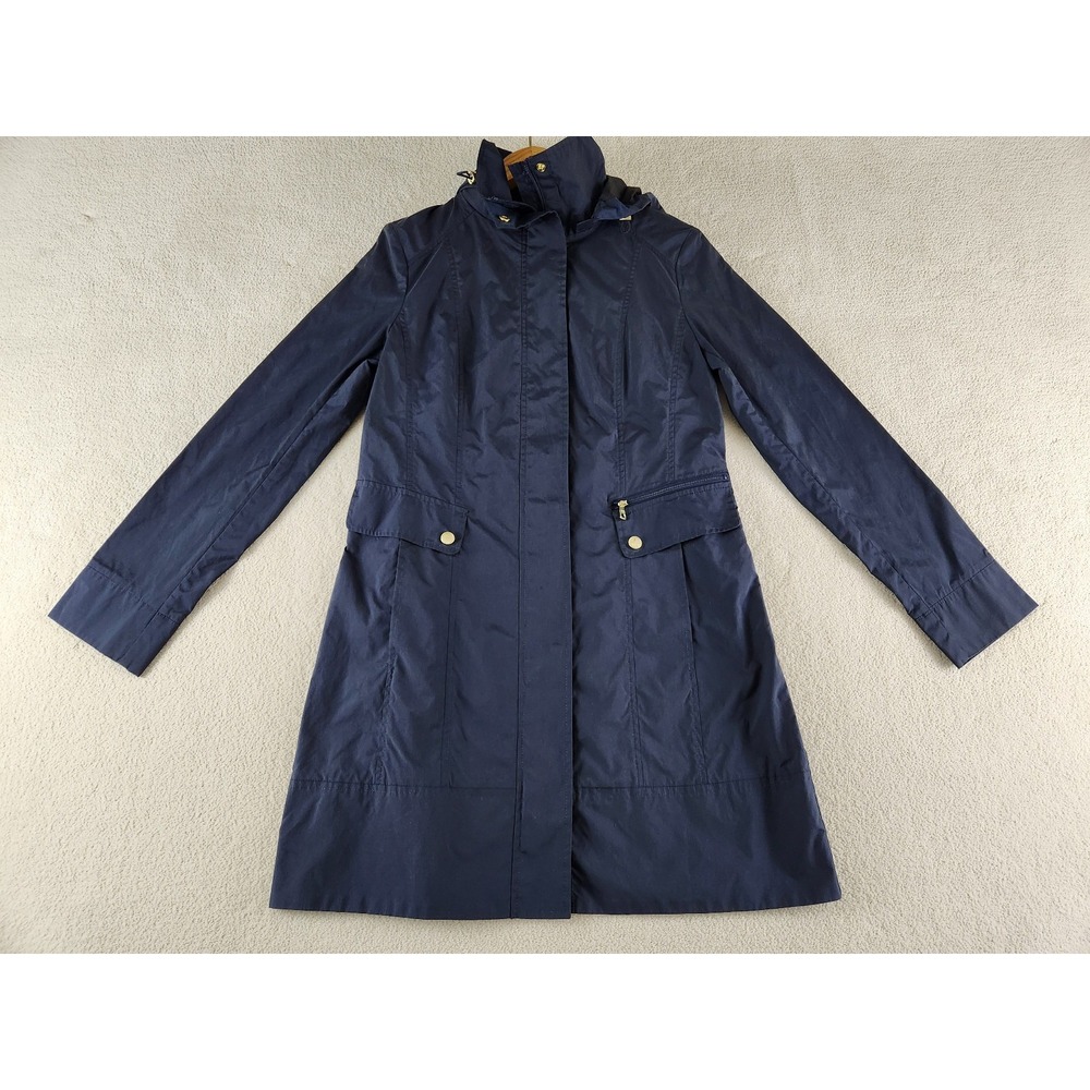 Cole Haan Signature Women's Small Navy Hooded Rain Coat Drawstring Hood